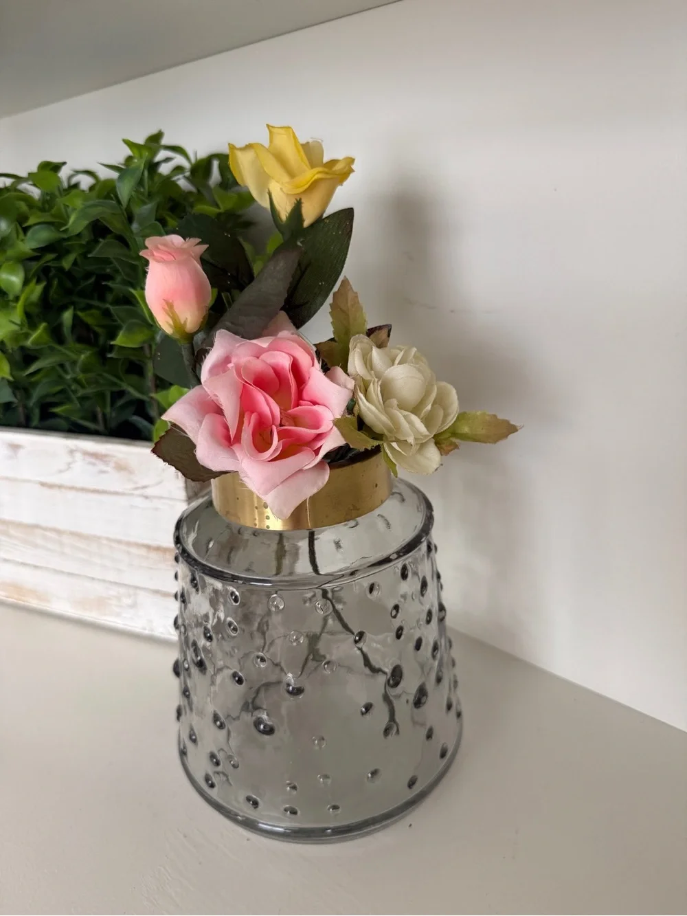 Faux Rose Floral Arrangement Textured Glass Vase Gold Rim Cottage Decor